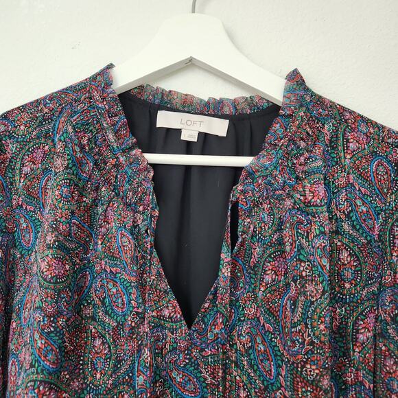 LOFT Paisley Sheer Ruffle Long Sleeve Blouse V Neck Boho Fall Top L - Picture 2 of 8